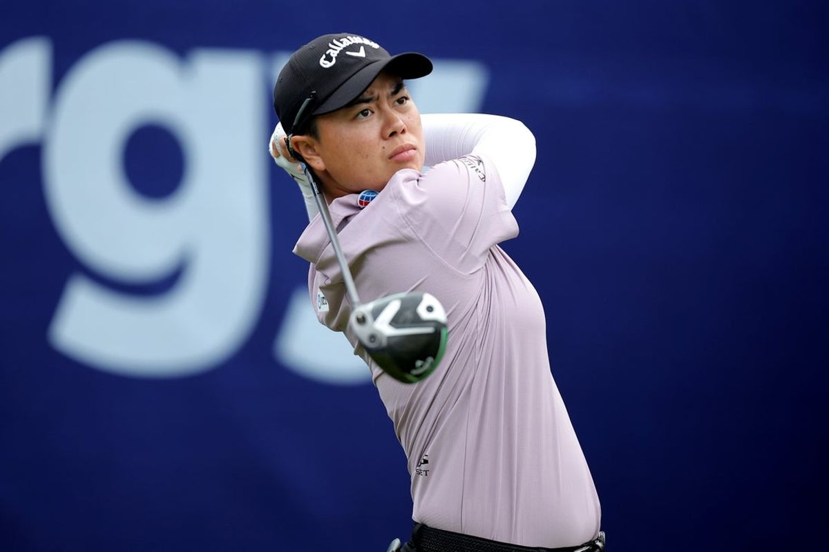 Apr 24, 2025; The Woodlands, Texas, USA; Yuka Saso of Japan hits a tee shot at the first hole during the first round of The Chevron Championship golf tournament. Mandatory Credit: Erik Williams-Imagn Images