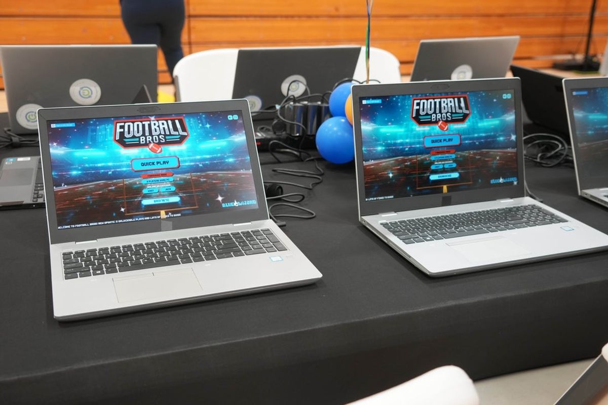 Apr 24, 2025; Green Bay, WI, USA;  Laptop computers at the NFL Inspire Change Draft Event at Oneida Elementary School. Mandatory Credit: Kirby Lee-Imagn Images