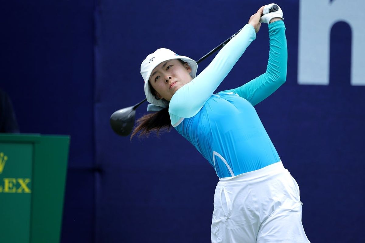 Apr 24, 2025; The Woodlands, Texas, USA; Mary Liu of China hits a tee shot at the first hole during the first round of The Chevron Championship golf tournament. Mandatory Credit: Erik Williams-Imagn Images