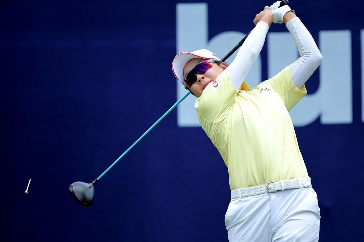 Apr 24, 2025; The Woodlands, Texas, USA; Hyo Joo Kim of Korea hits a tee shot at the first hole during the first round of The Chevron Championship golf tournament. Mandatory Credit: Erik Williams-Imagn Images