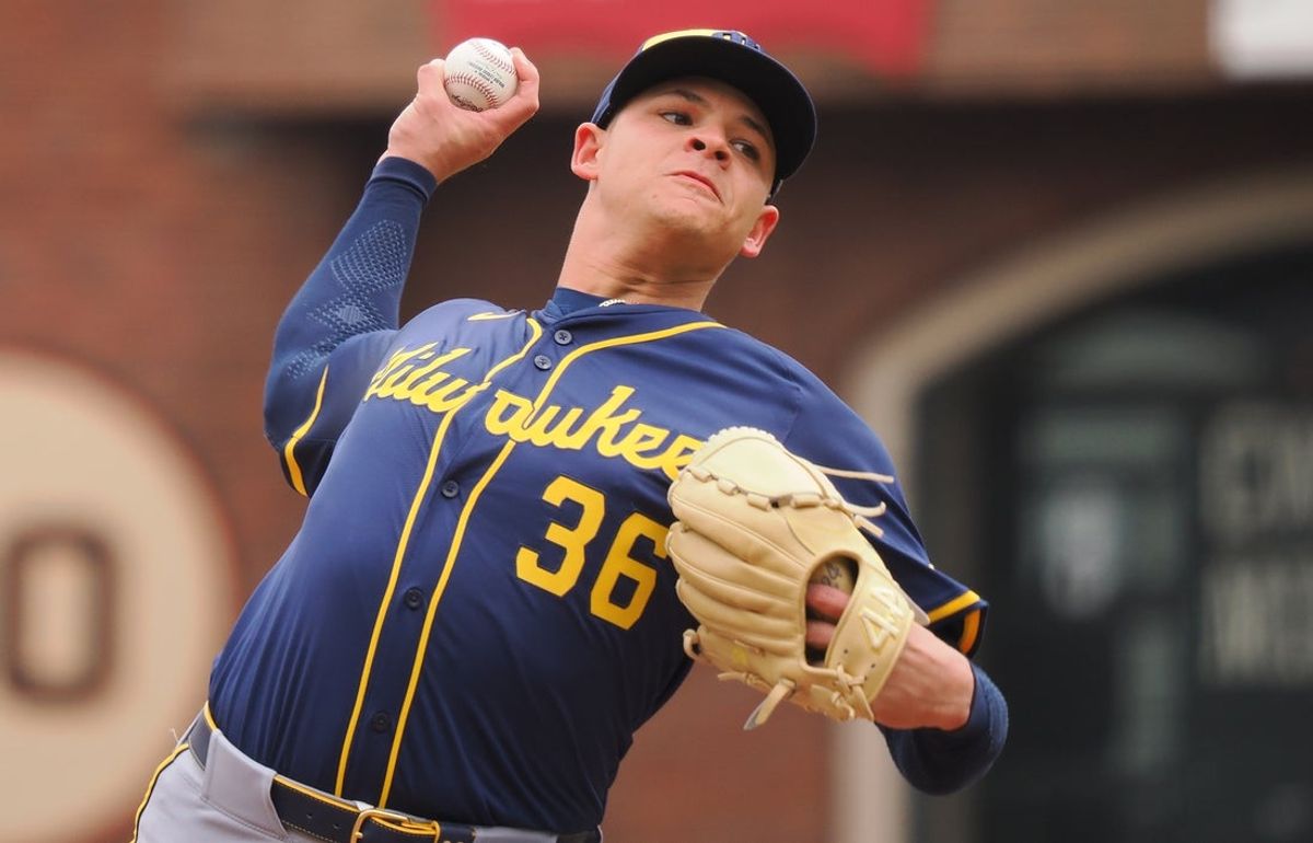Apr 24, 2025; San Francisco, California, USA;  Milwaukee Brewers starting pitcher Tobias Myers (36) pitches the ball during the first inning against the San Francisco Giants at Oracle Park. Mandatory Credit: Kelley L Cox-Imagn Images