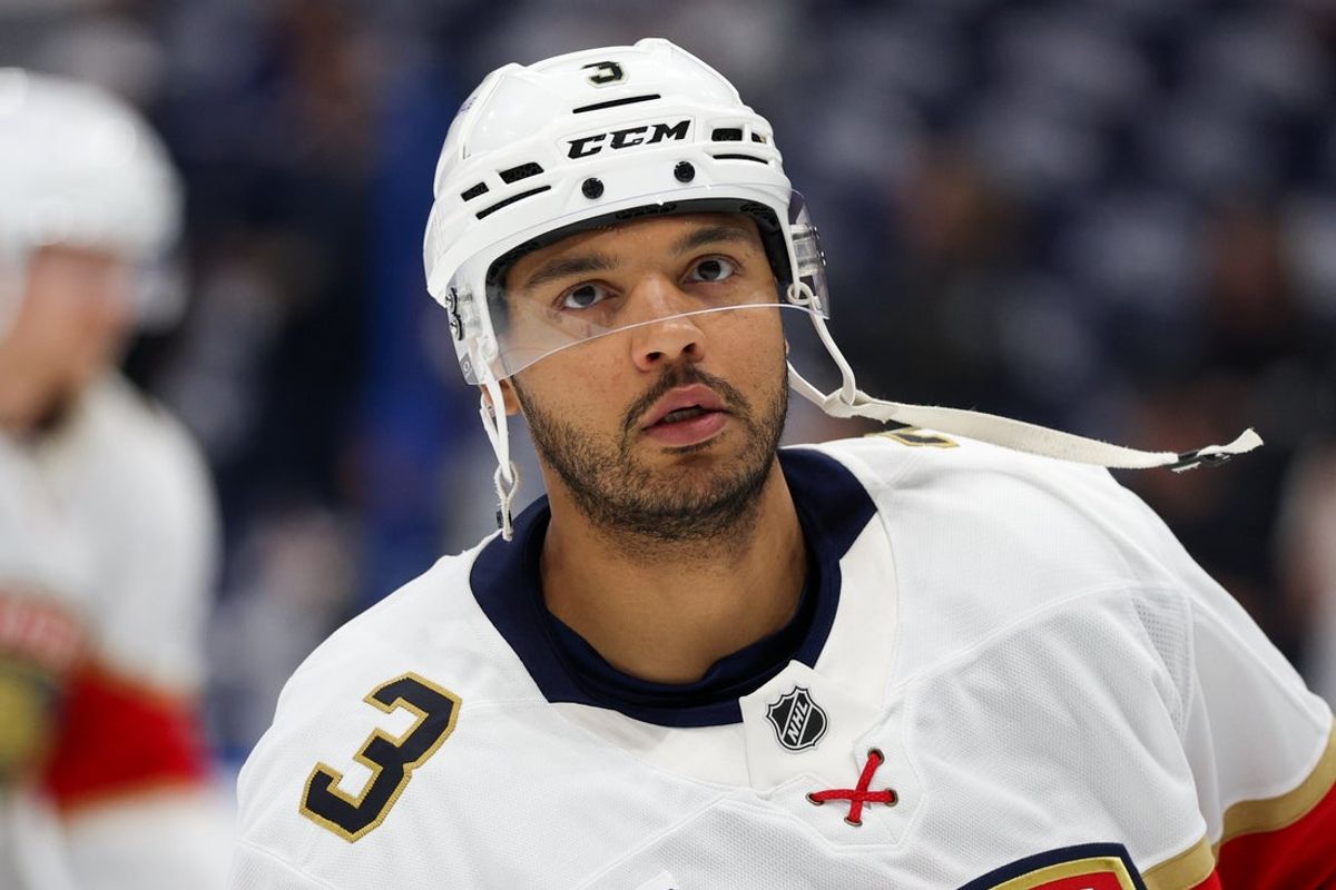 Apr 24, 2025; Tampa, Florida, USA; Florida Panthers defenseman Seth Jones (3) warms up before game two of the first round of the 2025 Stanley Cup Playoffs against the Tampa Bay Lightning at Amalie Arena. Mandatory Credit: Nathan Ray Seebeck-Imagn Images