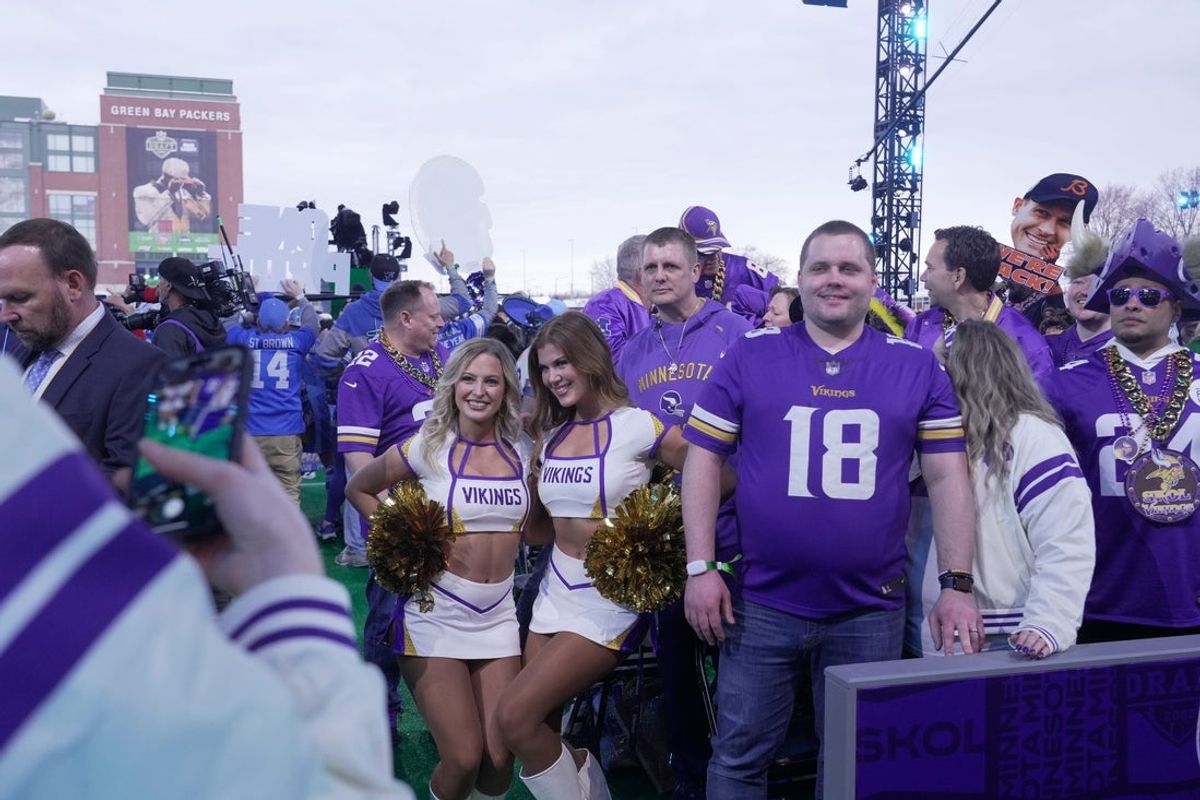 Minnesota Vikings  fans are shown before the start of the first round of the NFL Draft Thursday, April 24, 2025 in Green Bay, Wisconsin. It is the first time the draft will be held in Green Bay, the smallest market in the National Football League.