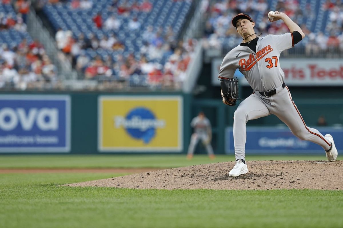 Apr 24, 2025; Washington, District of Columbia, USA; Baltimore Orioles pitcher Cade Povich (37) pitches against the Washington Nationals during the second inning at Nationals Park. Mandatory Credit: Geoff Burke-Imagn Images