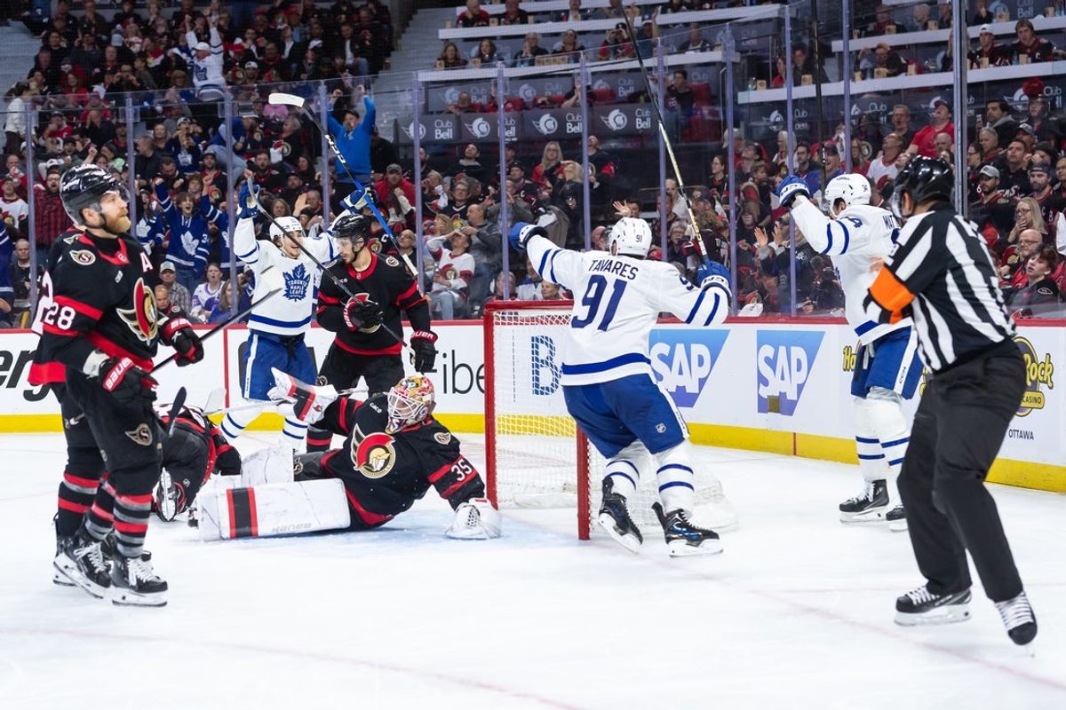 Apr 24, 2025; Ottawa, Ontario, CAN; The Toronto Maple Leafs celebrate a goal scored by left wing Matthew Knies (23) in Game 3 of the first round of the 2025 Stanley Cup Playoffs against the Ottawa Senators at Canadian Tire Centre. Mandatory Credit: Marc DesRosiers-Imagn Images