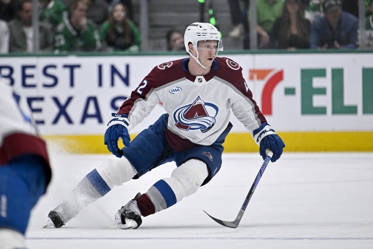 Apr 21, 2025; Dallas, Texas, USA; Colorado Avalanche defenseman Josh Manson (42) in action during the game between the Dallas Stars and the Colorado Avalanche in game two of the first round of the 2025 Stanley Cup Playoffs at American Airlines Center. Mandatory Credit: Jerome Miron-Imagn Images