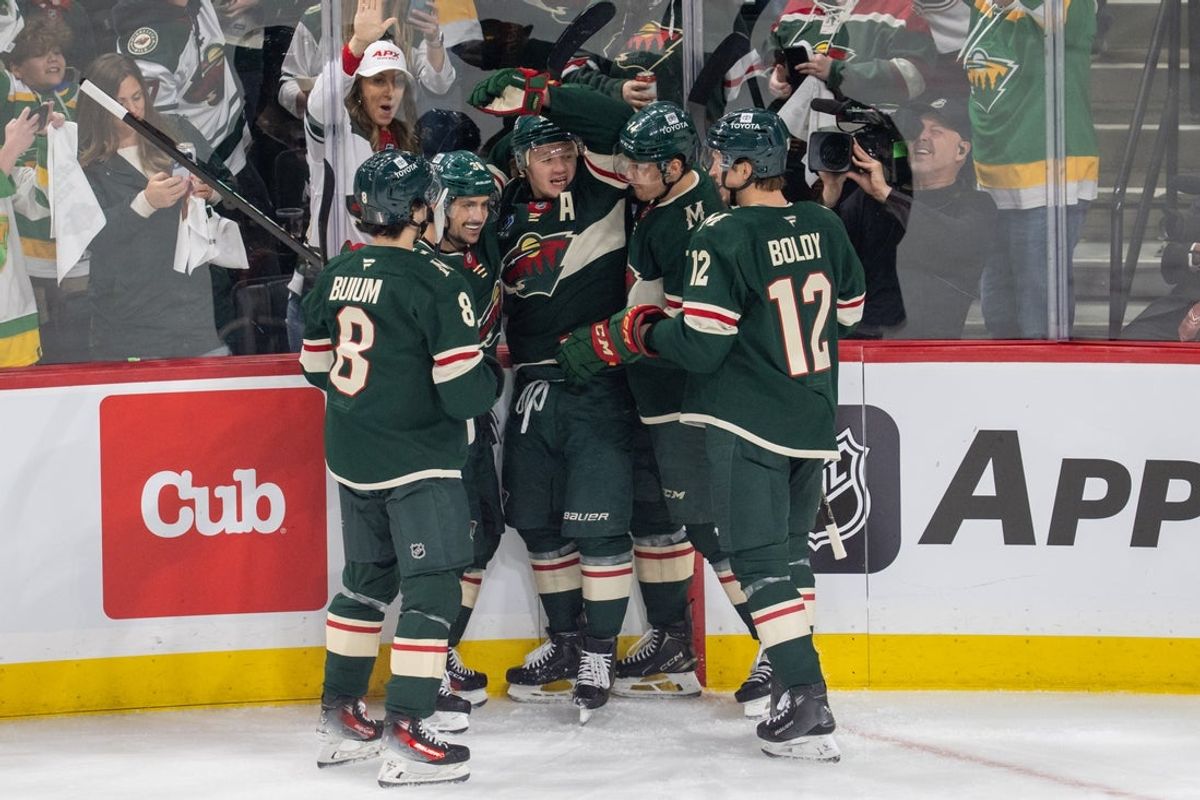 Apr 24, 2025; Saint Paul, Minnesota, USA; Minnesota Wild left wing Kirill Kaprizov (97) and teammates celebrate a goal against the Vegas Golden Knights in the first period in game three of the first round of the 2025 Stanley Cup Playoffs at Xcel Energy Center. Mandatory Credit: Matt Blewett-Imagn Images