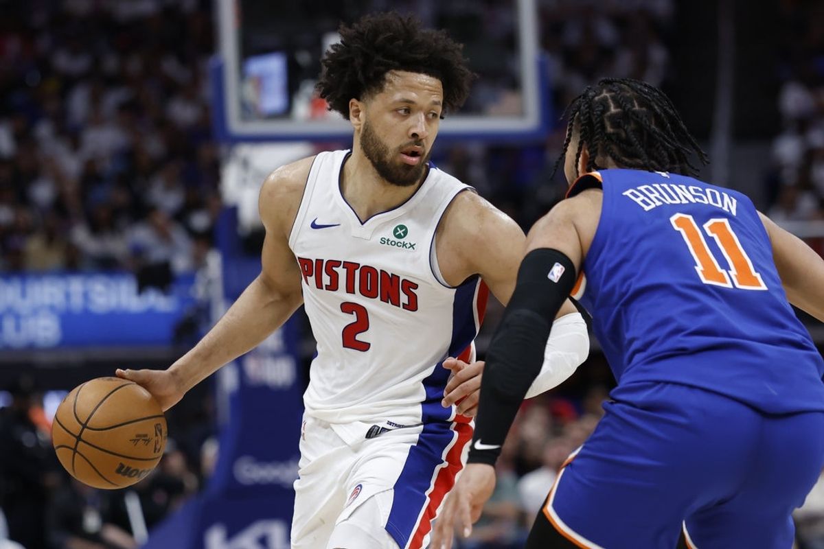 Apr 24, 2025; Detroit, Michigan, USA; Detroit Pistons guard Cade Cunningham (2) dribbles defended by New York Knicks guard Jalen Brunson (11) in the second half during game three of first round for the 2024 NBA Playoffs at Little Caesars Arena. Mandatory Credit: Rick Osentoski-Imagn Images