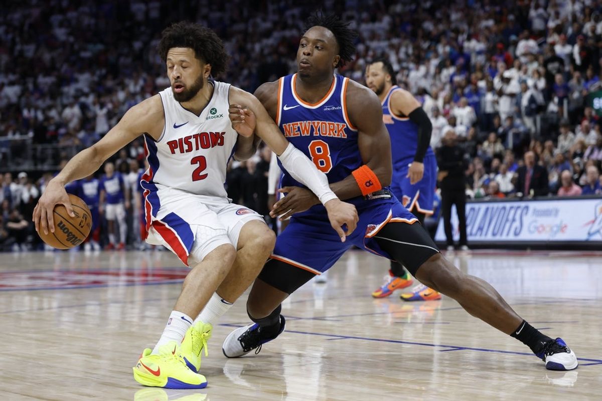 Apr 24, 2025; Detroit, Michigan, USA; Detroit Pistons guard Cade Cunningham (2) is defended by New York Knicks forward OG Anunoby (8) in the second half during Game 3 of first round for the 2024 NBA Playoffs at Little Caesars Arena. Mandatory Credit: Rick Osentoski-Imagn Images