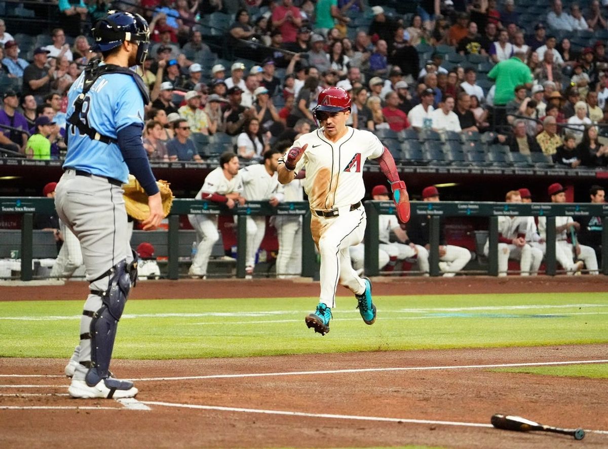 Arizona Diamondbacks Corbin Carroll scores a run against the Tampa Bay Rays in the first inning at Chase Field in Phoenix, on Apr. 24, 2025.