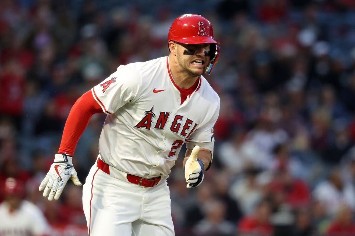 Apr 24, 2025; Anaheim, California, USA;  Los Angeles Angels right fielder Mike Trout (27) runs around bases on a triple during the fourth inning against the Pittsburgh Pirates at Angel Stadium. Mandatory Credit: Kiyoshi Mio-Imagn Images