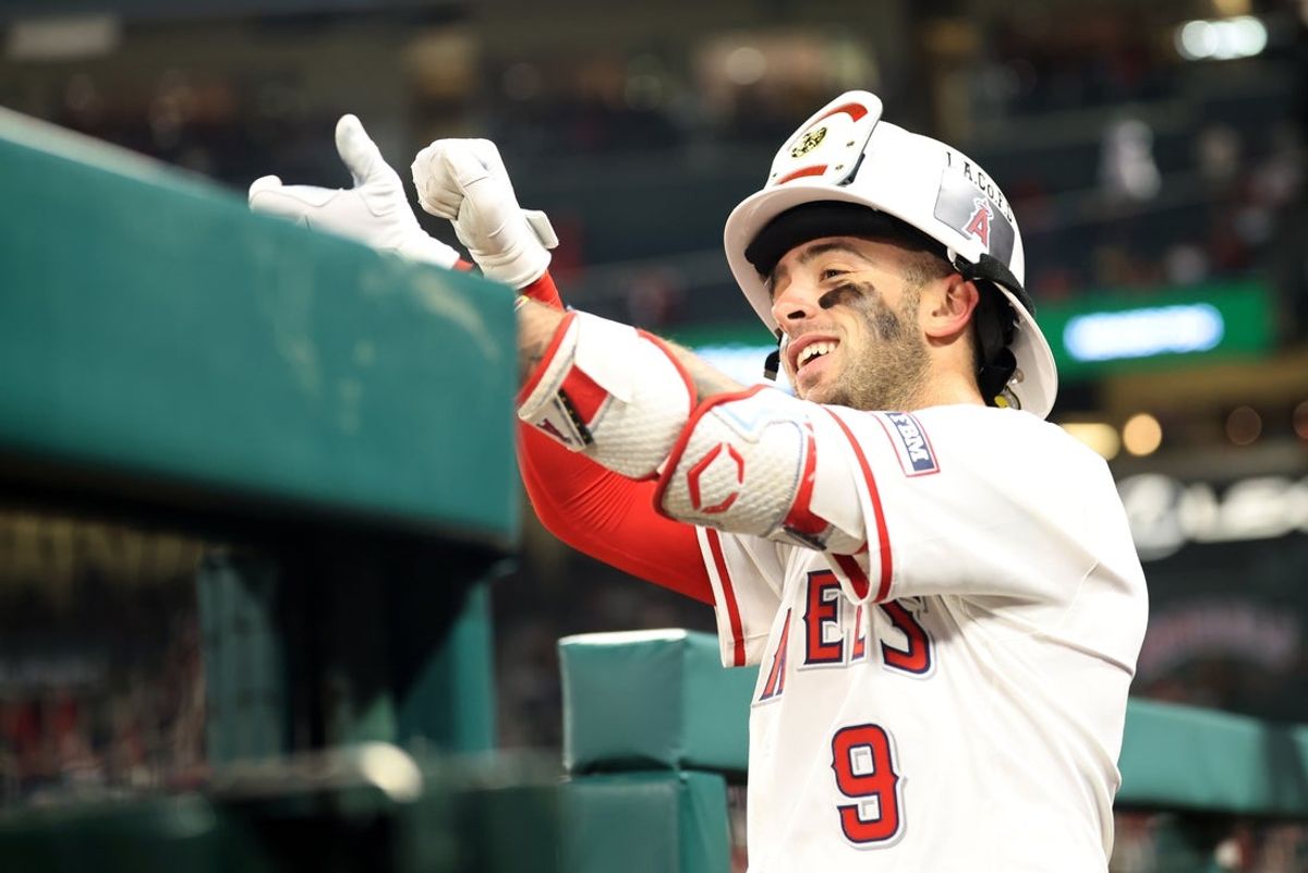 Apr 24, 2025; Anaheim, California, USA;  Los Angeles Angels shortstop Zach Neto (9) celebrates after hitting a home run during the eighth inning against the Pittsburgh Pirates at Angel Stadium. Mandatory Credit: Kiyoshi Mio-Imagn Images
