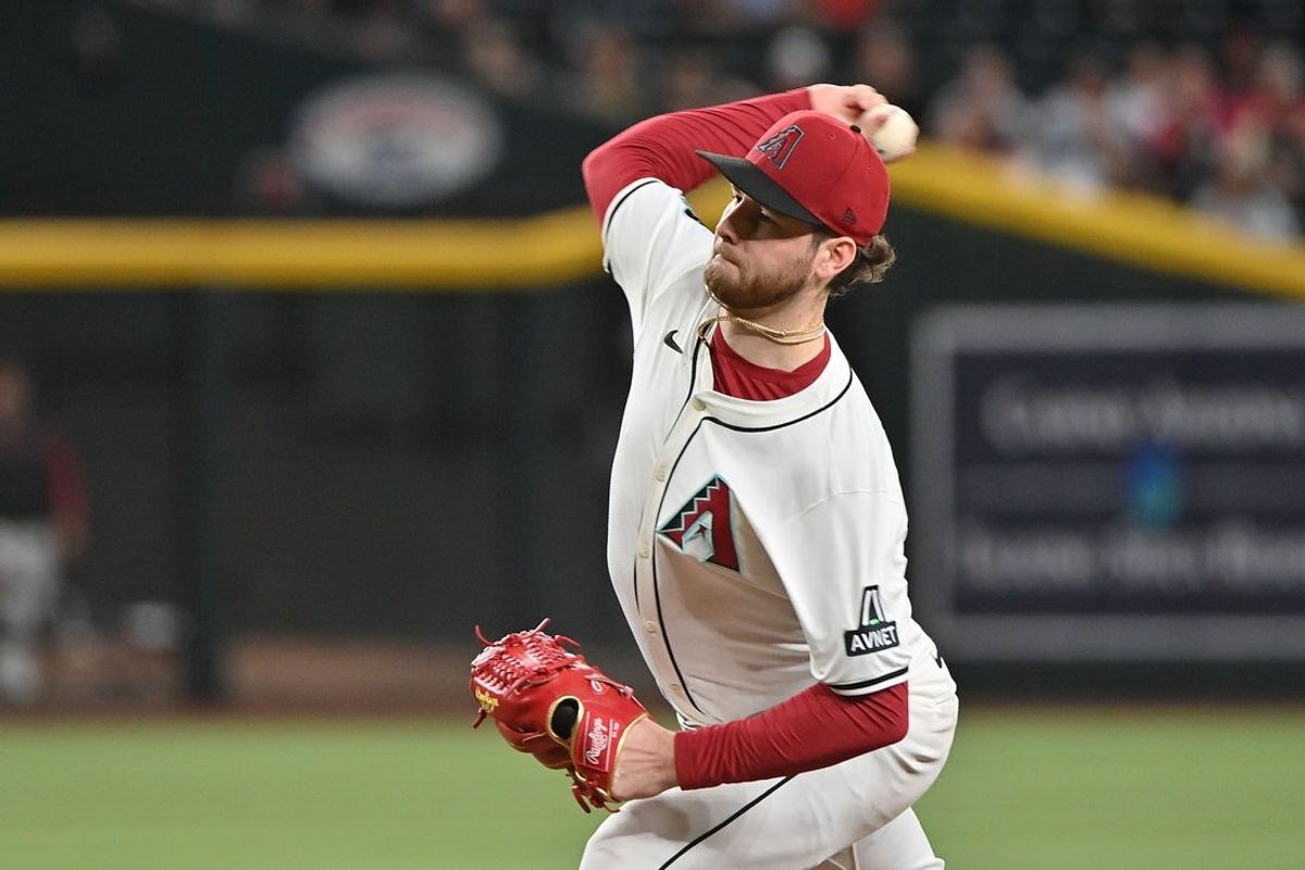 Apr 24, 2025; Phoenix, Arizona, USA;  Arizona Diamondbacks pitcher Ryne Nelson (19) throws in the ninth inning against the Arizona Diamondbacks at Chase Field. Mandatory Credit: Matt Kartozian-Imagn Images