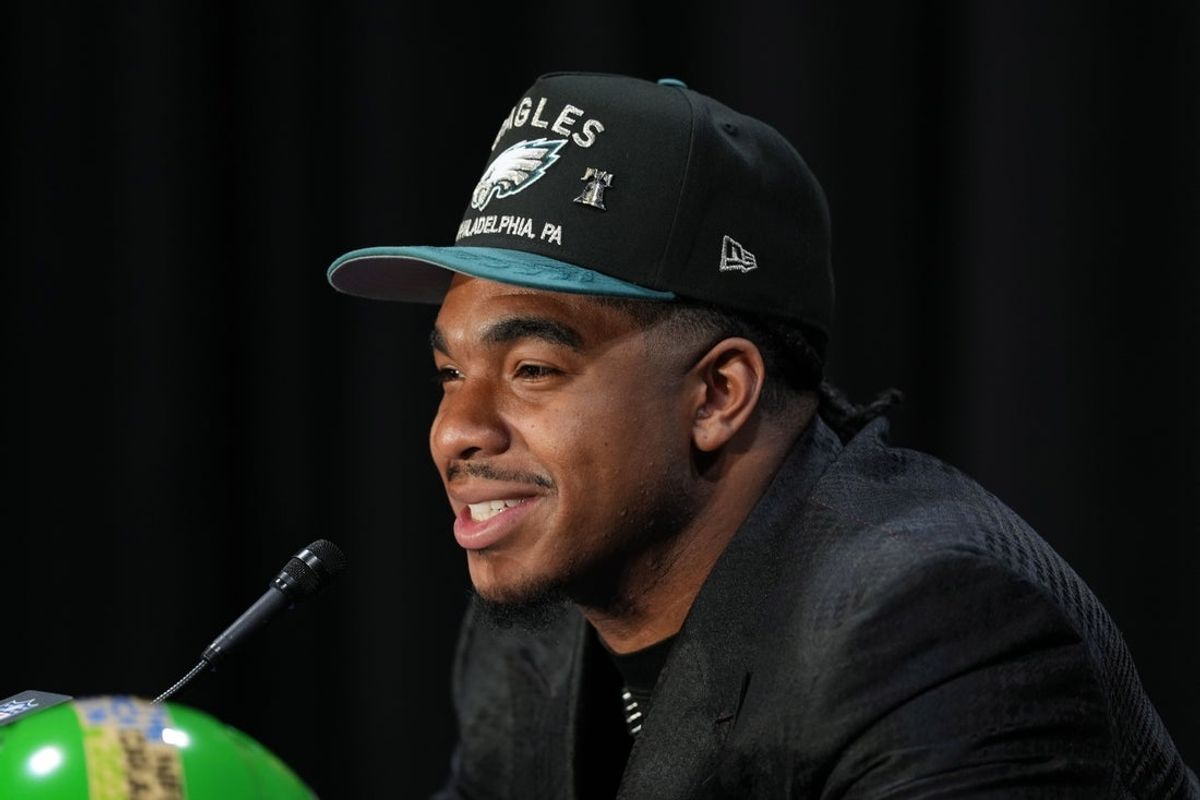 Apr 24, 2025; Green Bay, WI, USA; Jihaad Campbell speaks in a press conference after being selected by the Philadelphia Eagles as the number 31 pick in the first round of the 2025 NFL Draft at Lambeau Field. Mandatory Credit: Kirby Lee-Imagn Images