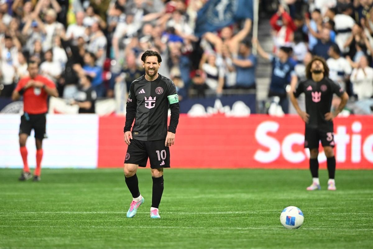 Apr 24, 2025; Vancouver, British Columbia, CAN;   Inter Miami SC forward Lionel Messi (10) reacts to a goal by the Vancouver Whitecaps FC during the second half at BC Place. Mandatory Credit: Anne-Marie Sorvin-Imagn Images
