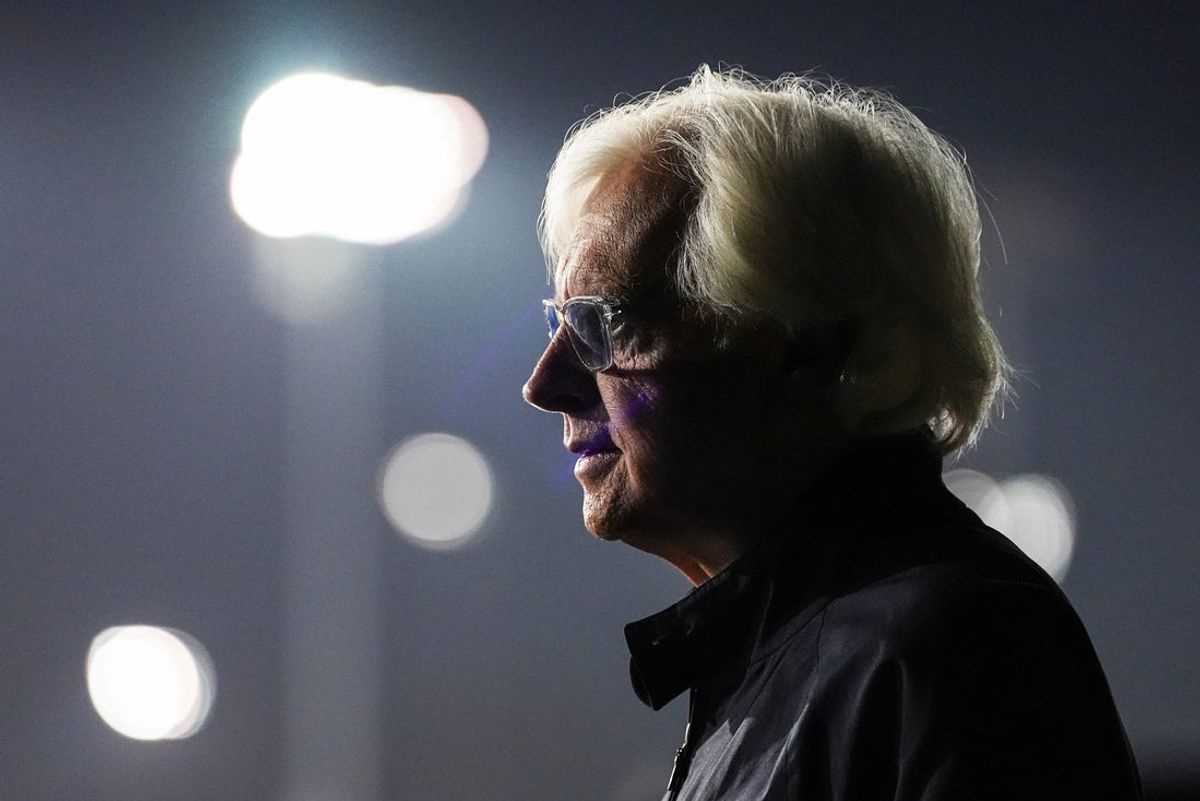 Trainer Bob Baffert looks out at the track early Friday morning at Churchill Downs in Louisville, Kentucky. April 25, 2025.