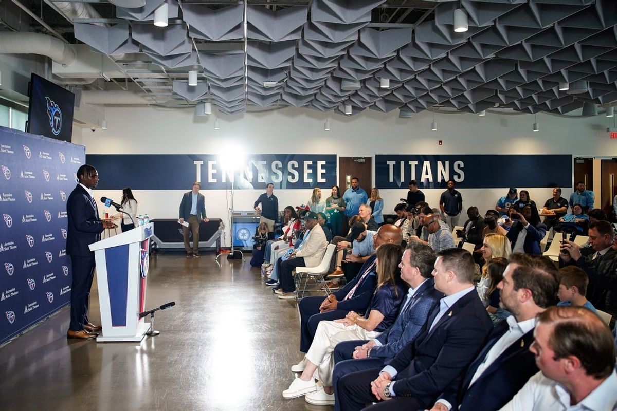 Cam Ward speaks during a press conference at Ascension Saint Thomas Sports Park in Nashville, Tenn., Friday, April 25, 2025. The Titans selected quarterback Cam Ward from Miami with the first overall pick in the 2025 NFL Draft.