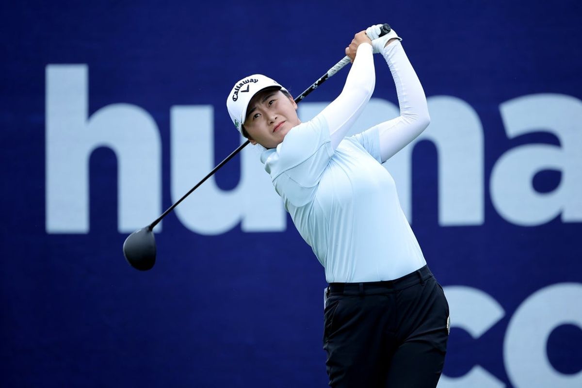 Apr 25, 2025; The Woodlands, Texas, USA; Yan Liu of China hits a tee shot at the first hole during the second round of The Chevron Championship golf tournament. Mandatory Credit: Erik Williams-Imagn Images
