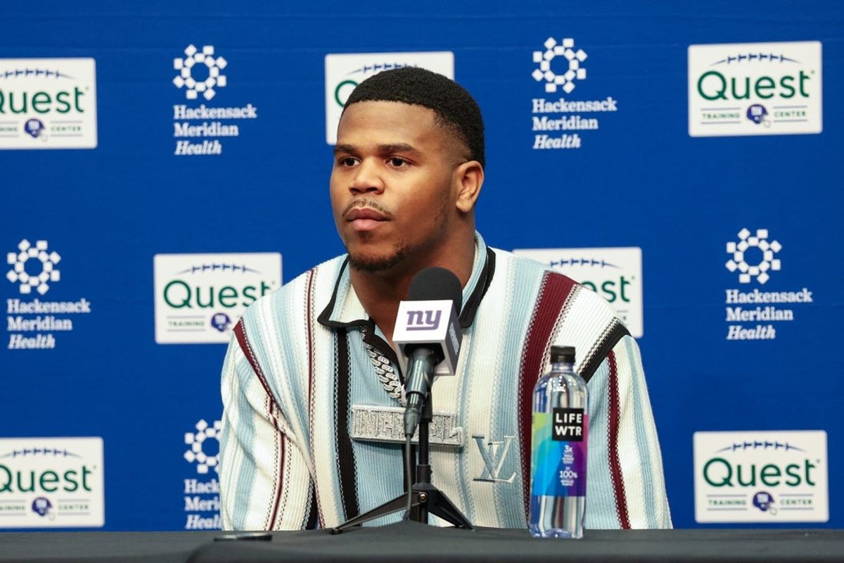 Apr 25, 2025; East Rutherford, NJ, US;  New York Giants first round draft pick, Abdul Carter, takes questions from the media during his introduction press conference. New York Giants Mandatory Credit: Thomas Salus-Imagn Images