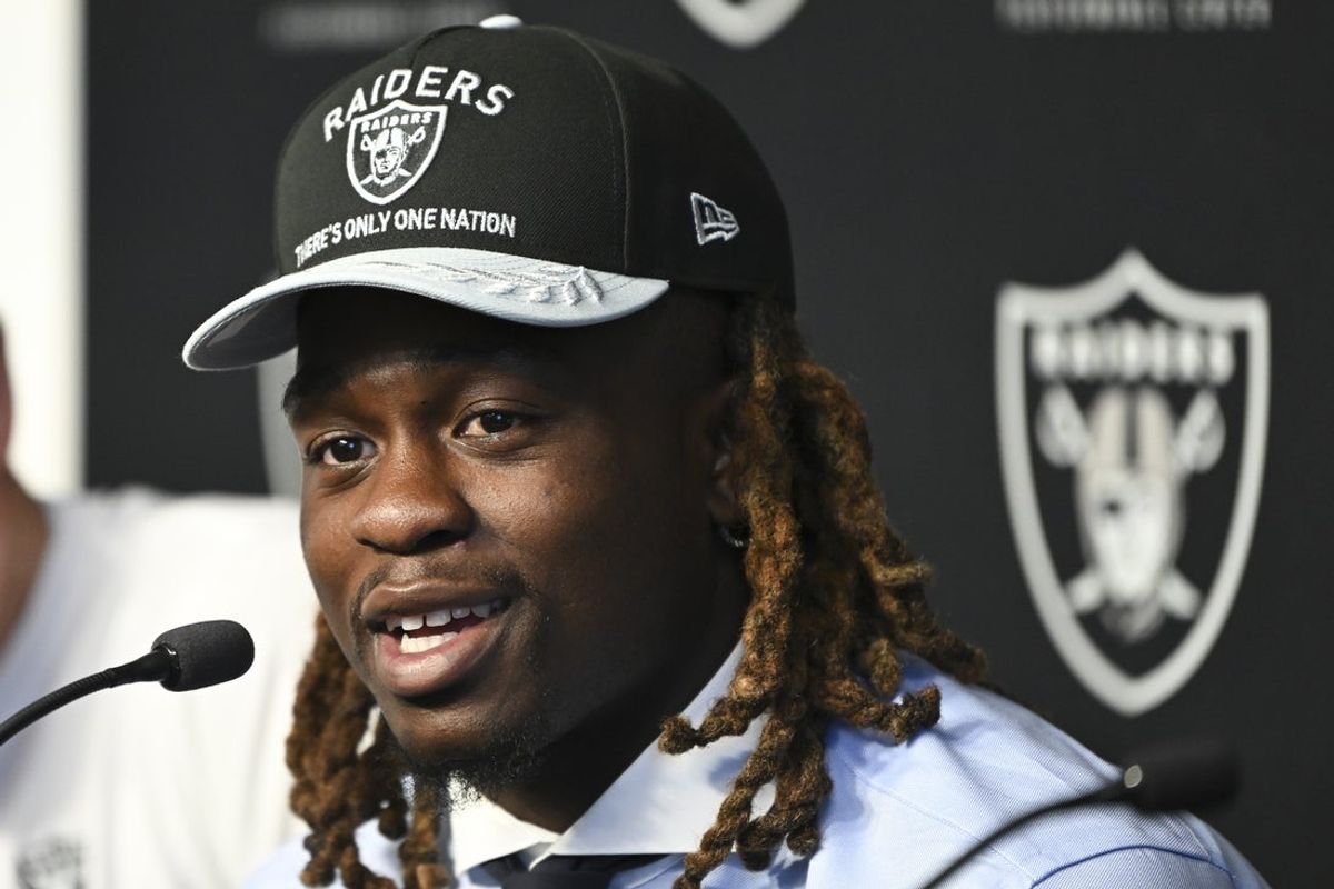 Apr 25, 2025; Henderson, NV, USA; Las Vegas Raiders first round draft pick in the 2025 NFL Draft Ashton Jeanty, speaks to the media at Intermountain Health Performance Center. Mandatory Credit: Candice Ward-Imagn Images