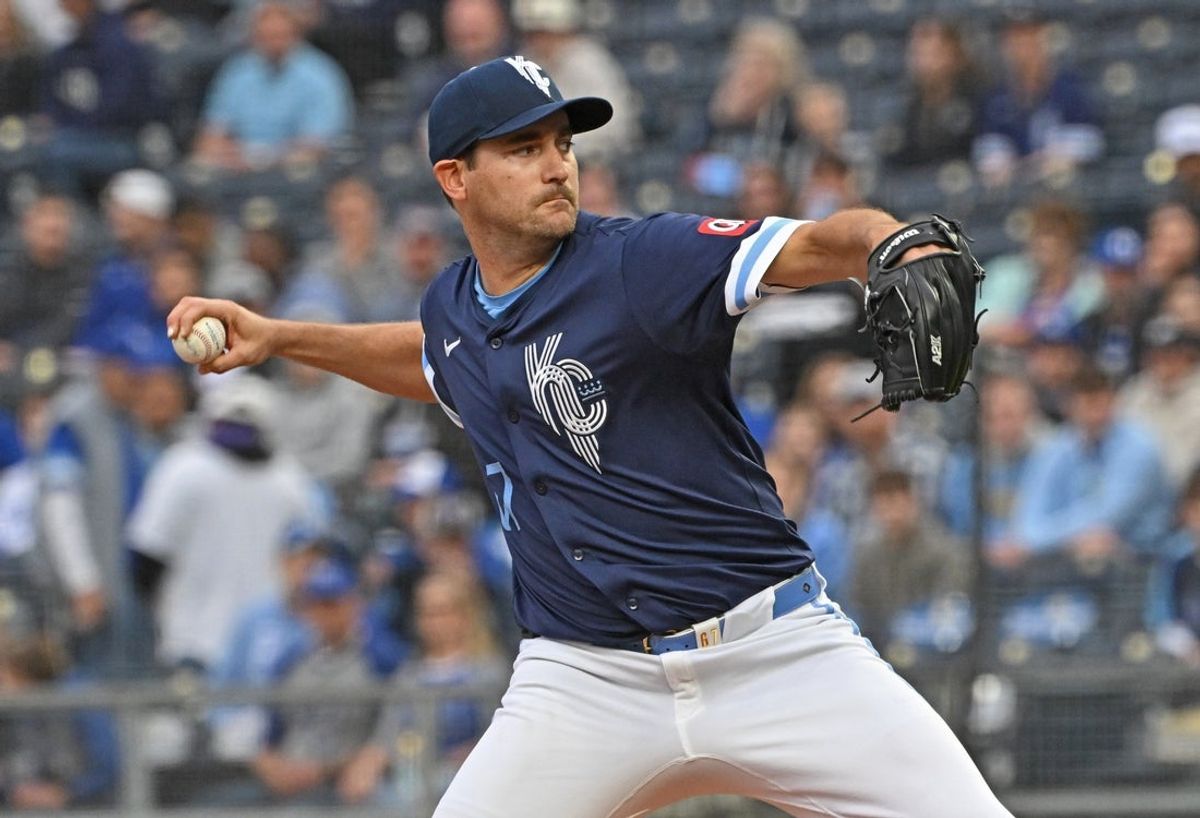 Apr 25, 2025; Kansas City, Missouri, USA;  Kansas City Royals starting pitcher Seth Lugo (67) throws a pitch in the first inning against the Houston Astros at Kauffman Stadium. Mandatory Credit: Peter Aiken-Imagn Images