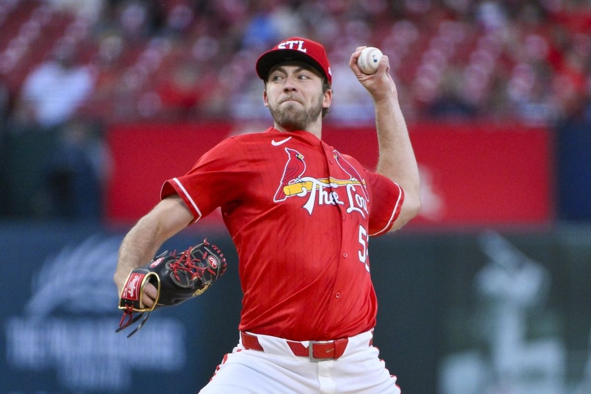 Apr 25, 2025; St. Louis, Missouri, USA;  St. Louis Cardinals starting pitcher Matthew Liberatore (52) pitches against the Milwaukee Brewers during the first inning at Busch Stadium. Mandatory Credit: Jeff Curry-Imagn Images