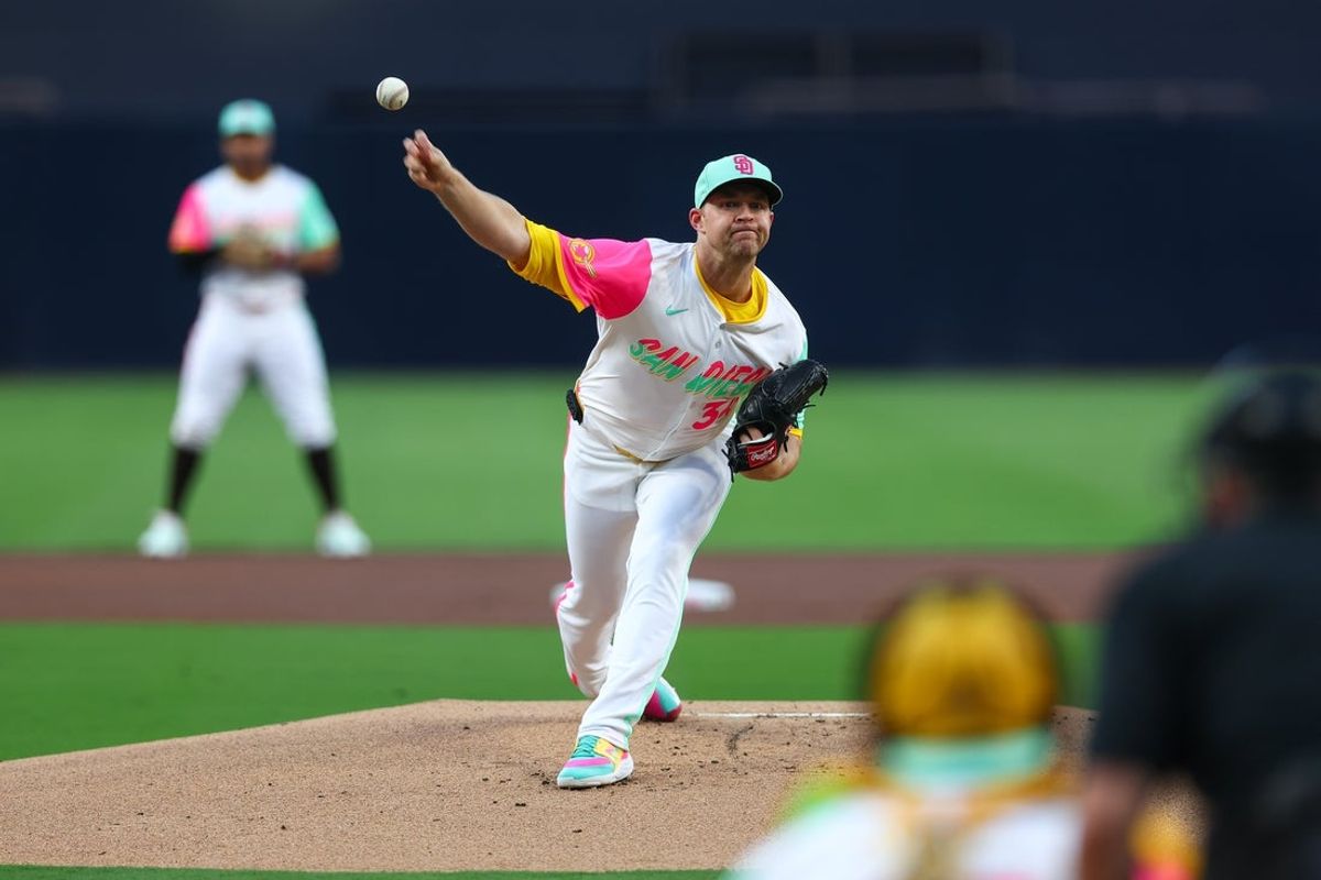 Apr 25, 2025; San Diego, California, USA; San Diego Padres starting pitcher Michael King (34) pitches during the first inning against the Tampa Bay Rays at Petco Park. Mandatory Credit: Chadd Cady-Imagn Images