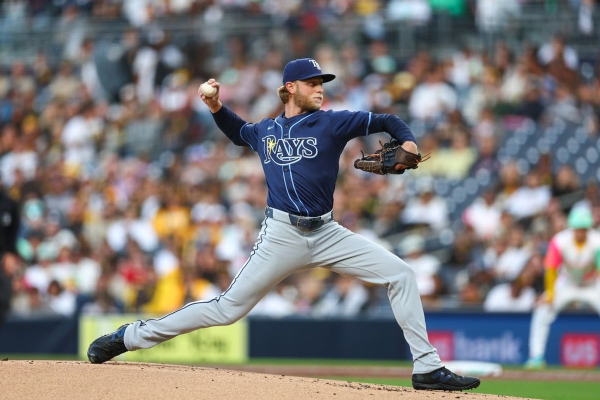 Apr 25, 2025; San Diego, California, USA; Tampa Bay Rays starting pitcher Shane Baz (11) pitches during the first inning against the San Diego Padres at Petco Park. Mandatory Credit: Chadd Cady-Imagn Images