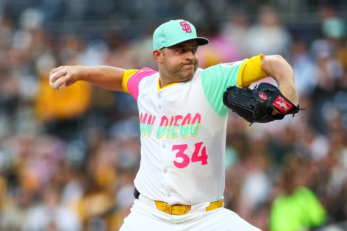 Apr 25, 2025; San Diego, California, USA; San Diego Padres starting pitcher Michael King (34) pitches during the second inning against the Tampa Bay Rays at Petco Park. Mandatory Credit: Chadd Cady-Imagn Images