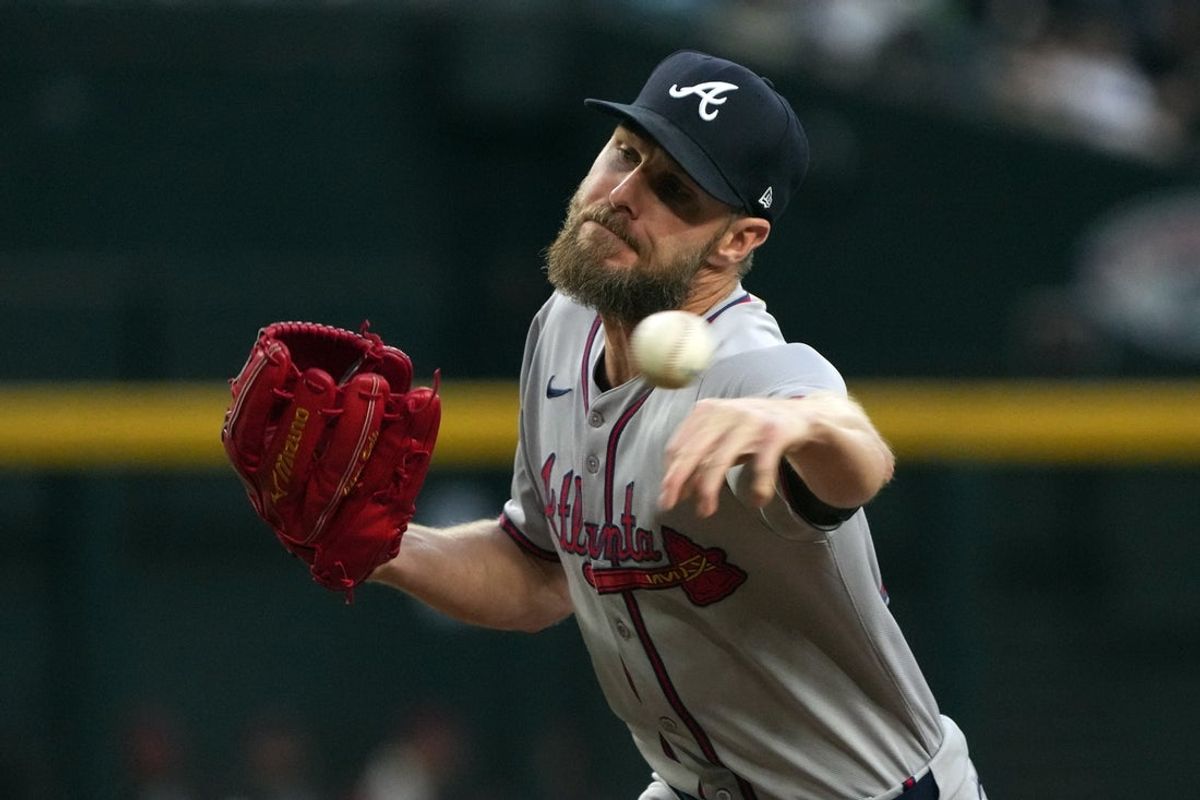 Apr 25, 2025; Phoenix, Arizona, USA; Atlanta Braves pitcher Chris Sale (51) throws against the Arizona Diamondbacks in the first inning at Chase Field. Mandatory Credit: Rick Scuteri-Imagn Images