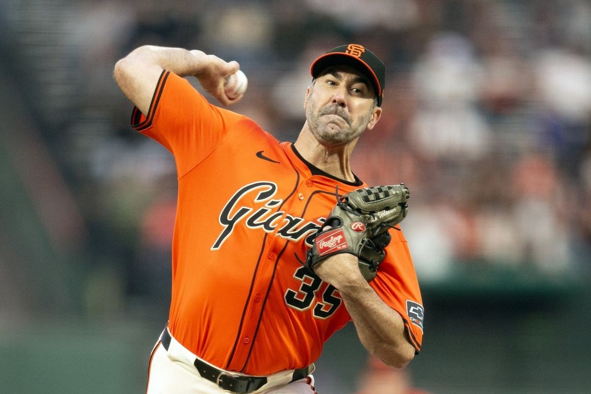 Apr 25, 2025; San Francisco, California, USA; San Francisco Giants starting pitcher Justin Verlander (35) delivers a pitch against the Texas Rangers during the first inning at Oracle Park. Mandatory Credit: D. Ross Cameron-Imagn Images