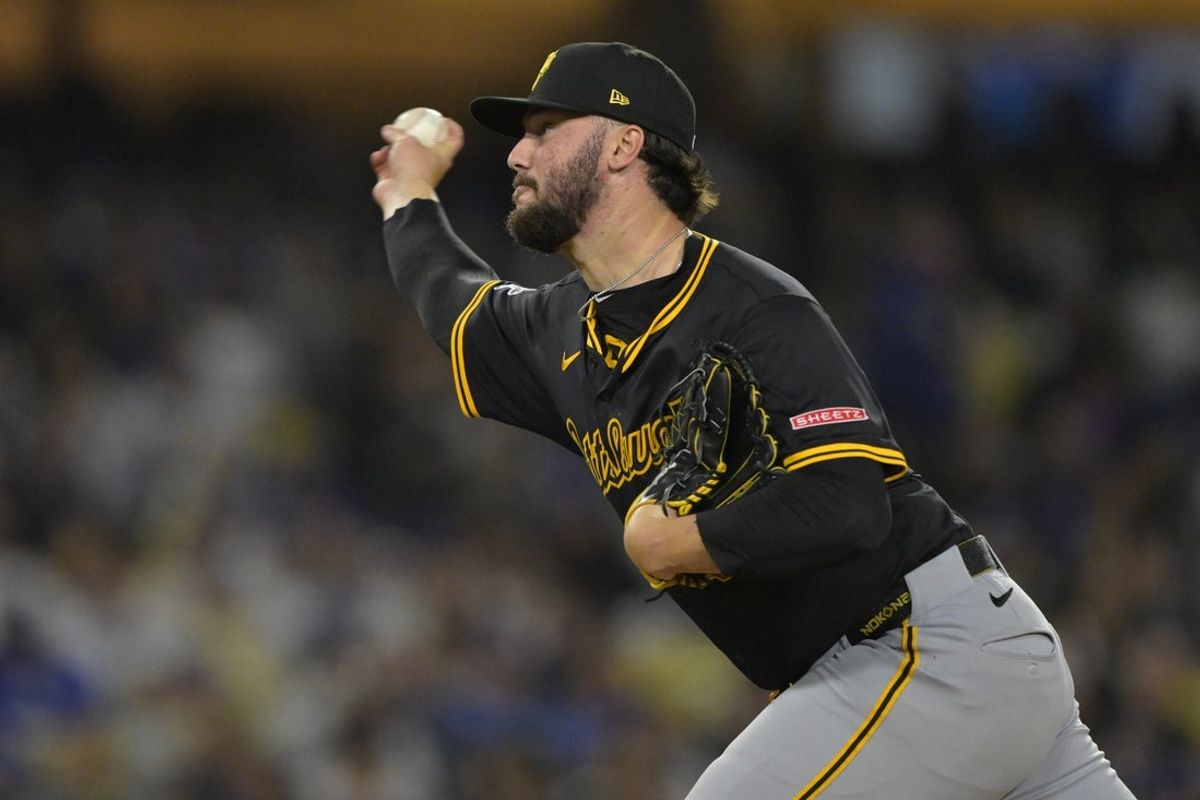 Apr 25, 2025; Los Angeles, California, USA;  Pittsburgh Pirates starting pitcher Paul Skenes (30) pitches during the third inning against the Los Angeles Dodgers at Dodger Stadium. Mandatory Credit: Jayne Kamin-Oncea-Imagn Images