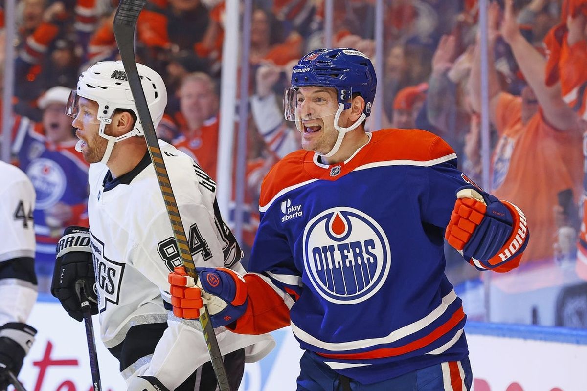 Apr 25, 2025; Edmonton, Alberta, CAN; Edmonton Oilers forward Zach Hyman (18) celebrates a gaol scored by forward Ryan Nugent-Hopkins (93) during the first period in game three of the first round of the 2025 Stanley Cup Playoffs at Rogers Place. Mandatory Credit: Perry Nelson-Imagn Images