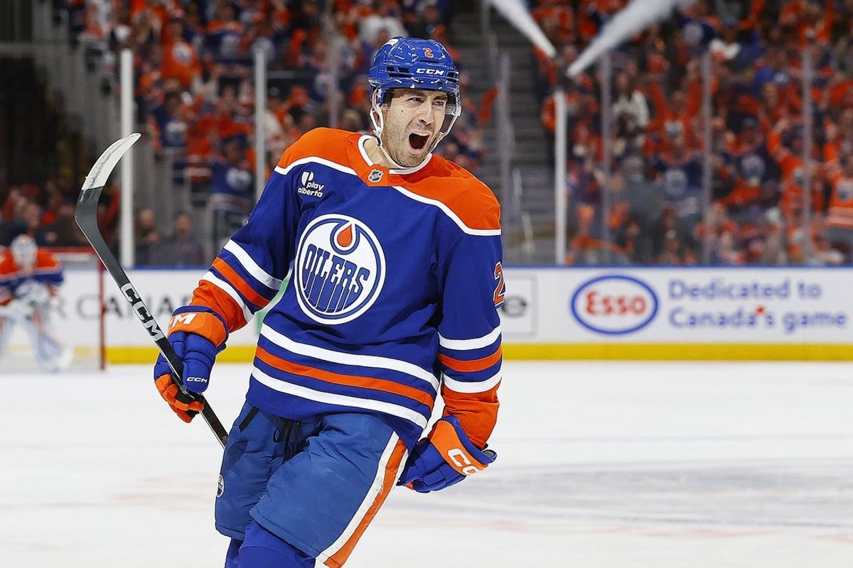 Apr 25, 2025; Edmonton, Alberta, CAN; Edmonton Oilers defensemen Evan Bouchard (2) celebrates after scoring a goal against the Los Angelos Kings in game three of the first round of the 2025 Stanley Cup Playoffs at Rogers Place. Mandatory Credit: Perry Nelson-Imagn Images