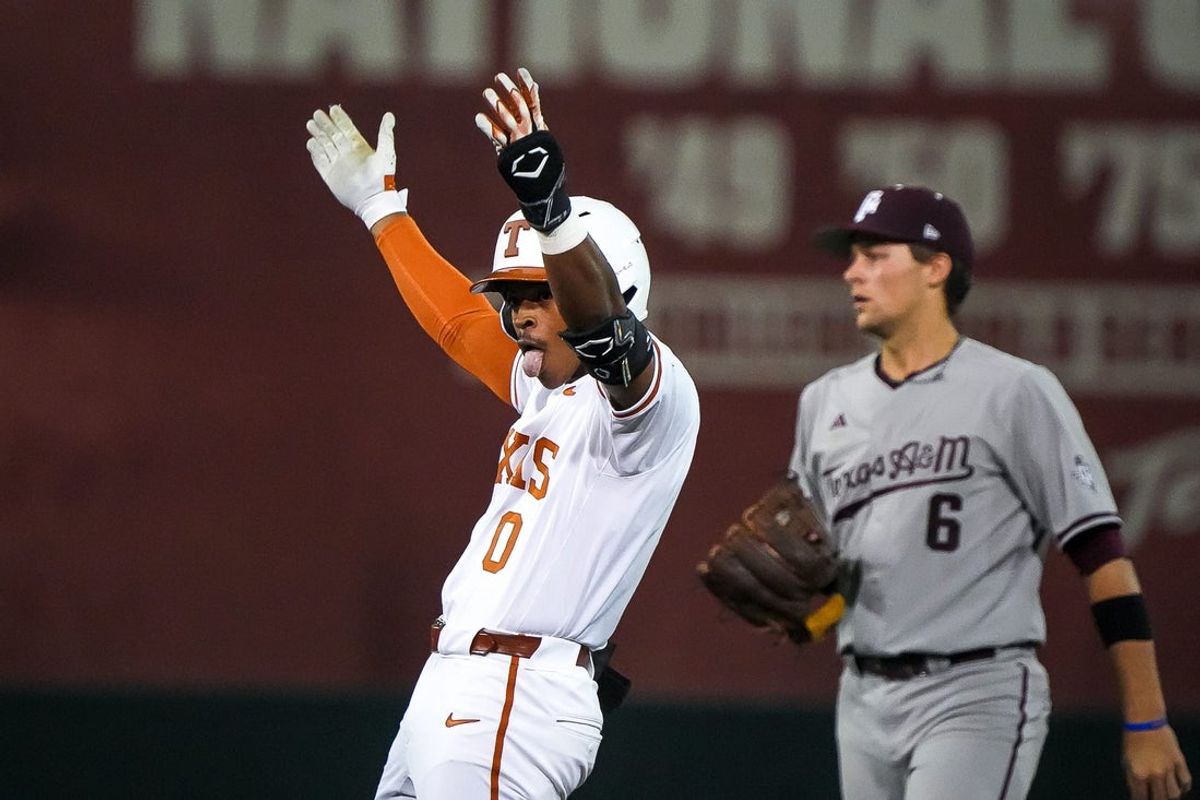 Texas Longhorns infielder Jayden Duplantier (0) celebrates a hit for a double during the Lone Star Showdown against Texas A&M at UFCU Disch-Falk Field on Friday, April 25, 2025.