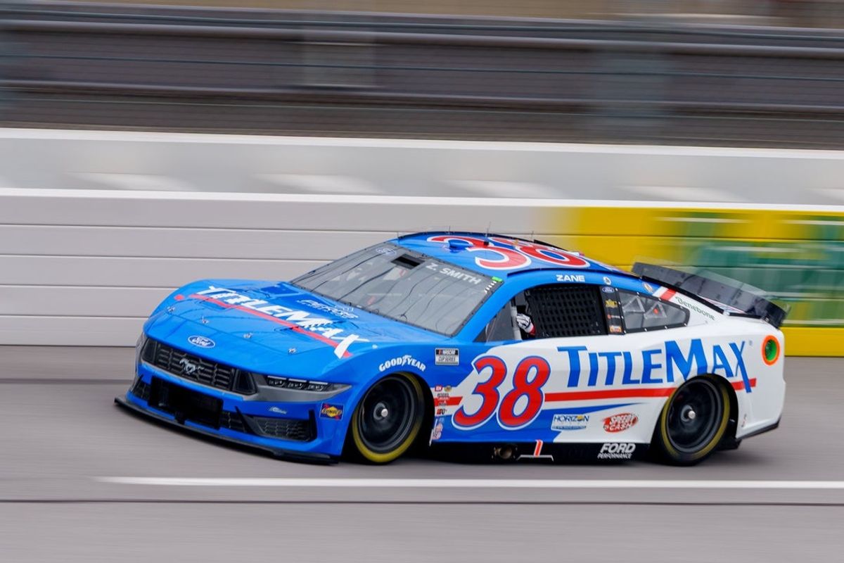 Apr 26, 2025; Talladega, Alabama, USA; NASCAR Cup Series driver Zane Smith (38) comes out of turn four at Talladega Superspeedway. Mandatory Credit: Jason Allen-Imagn Images