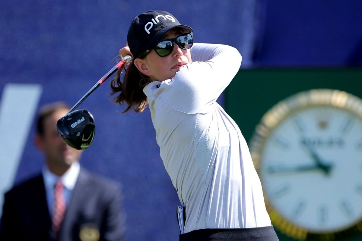 Apr 26, 2025; The Woodlands, Texas, USA; Elizabeth Szokol hits a tee shot on the first hole during the third round of The Chevron Championship golf tournament. Mandatory Credit: Erik Williams-Imagn Images