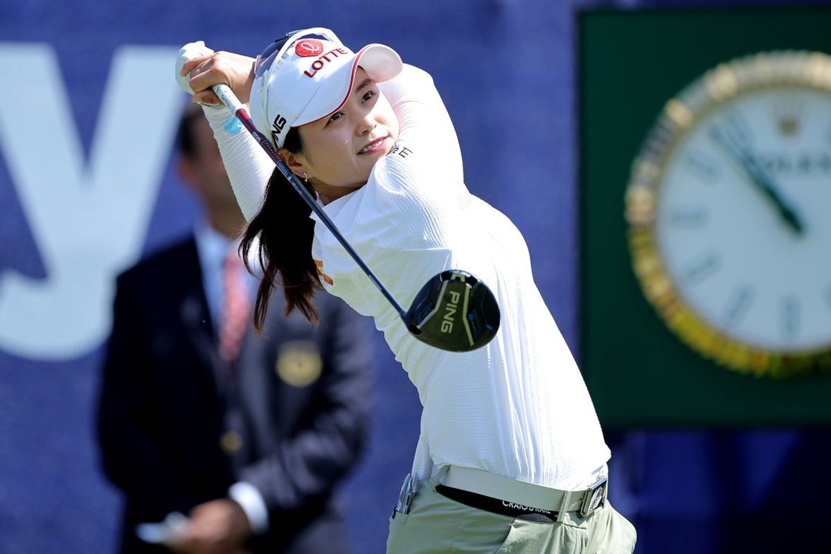Apr 26, 2025; The Woodlands, Texas, USA; Hye-Jin Choi of Korea hits a tee shot on the first hole during the third round of The Chevron Championship golf tournament. Mandatory Credit: Erik Williams-Imagn Images