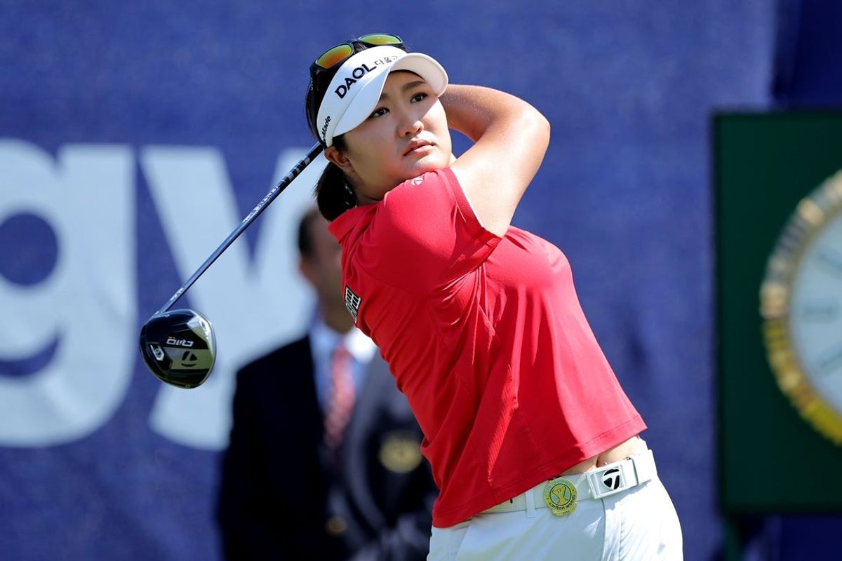 Apr 26, 2025; The Woodlands, Texas, USA; Haeran Ryu of Korea hits a tee shot on the first hole during the third round of The Chevron Championship golf tournament. Mandatory Credit: Erik Williams-Imagn Images