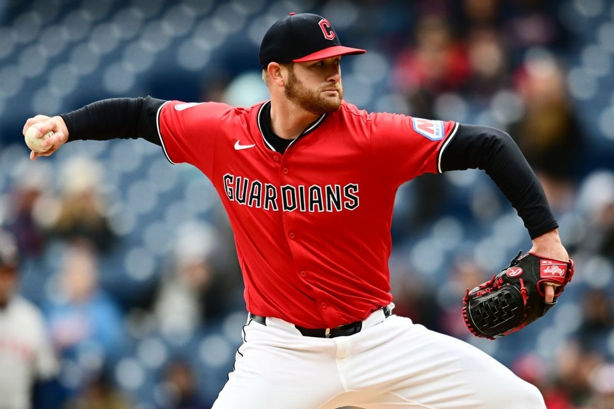 Apr 26, 2025; Cleveland, Ohio, USA; Cleveland Guardians starting pitcher Ben Lively (39) throws a pitch during the first inning against the Boston Red Sox at Progressive Field. Mandatory Credit: Ken Blaze-Imagn Images