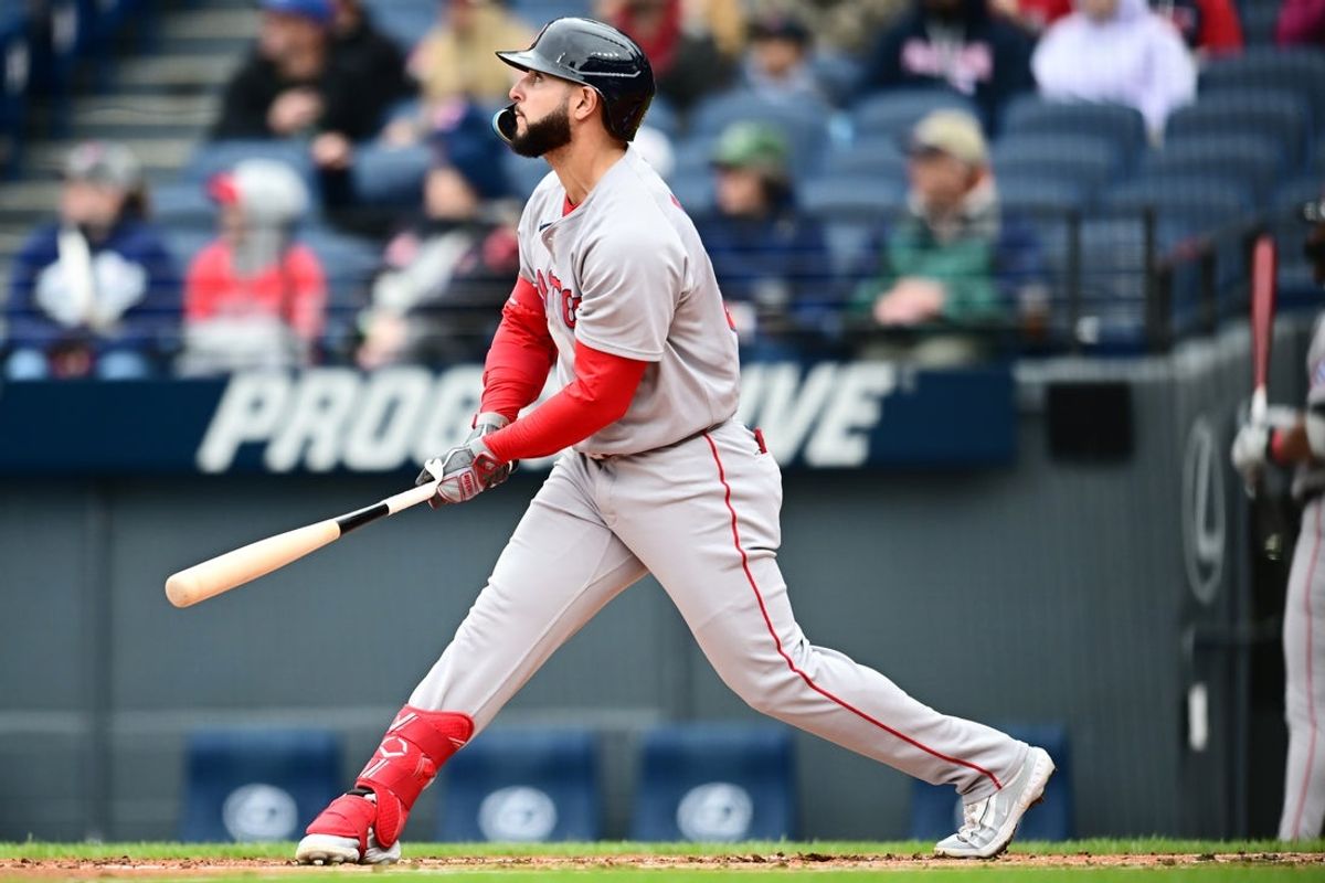 Apr 26, 2025; Cleveland, Ohio, USA; Boston Red Sox right fielder Wilyer Abreu (52) hits a three-run home run during the first inning against the Cleveland Guardians at Progressive Field. Mandatory Credit: Ken Blaze-Imagn Images