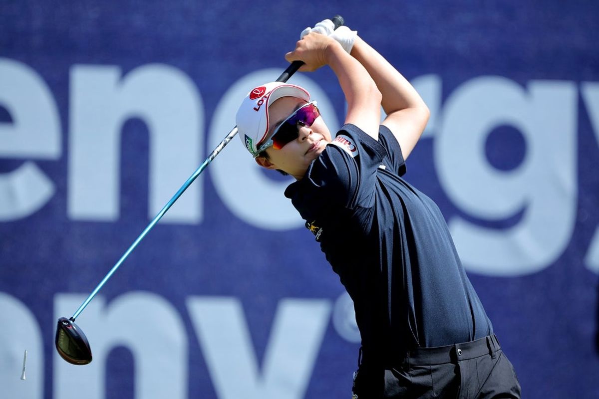 Apr 26, 2025; The Woodlands, Texas, USA; Hyo Joo Kim of Korea hits a tee shot on the first hole during the third round of The Chevron Championship golf tournament. Mandatory Credit: Erik Williams-Imagn Images