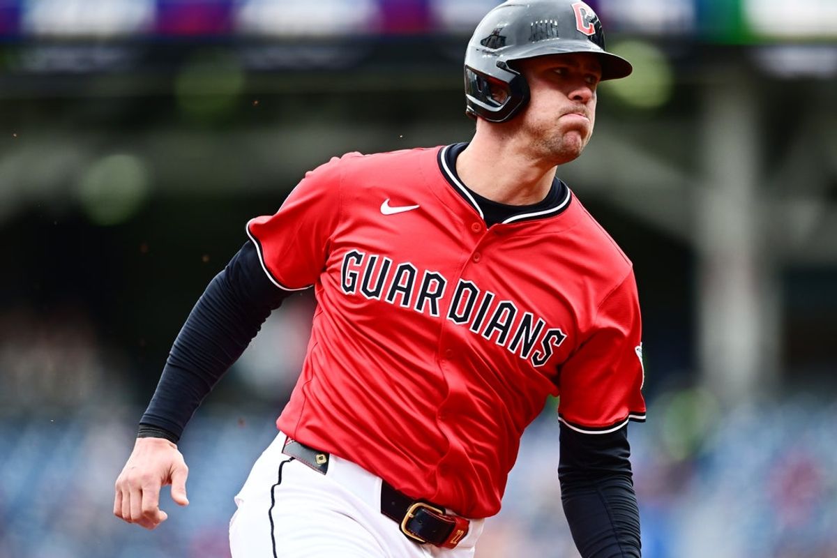 Apr 26, 2025; Cleveland, Ohio, USA; Cleveland Guardians right fielder Nolan Jones (22) rounds third base en route to scoring during the first inning against the Boston Red Sox at Progressive Field. Mandatory Credit: Ken Blaze-Imagn Images