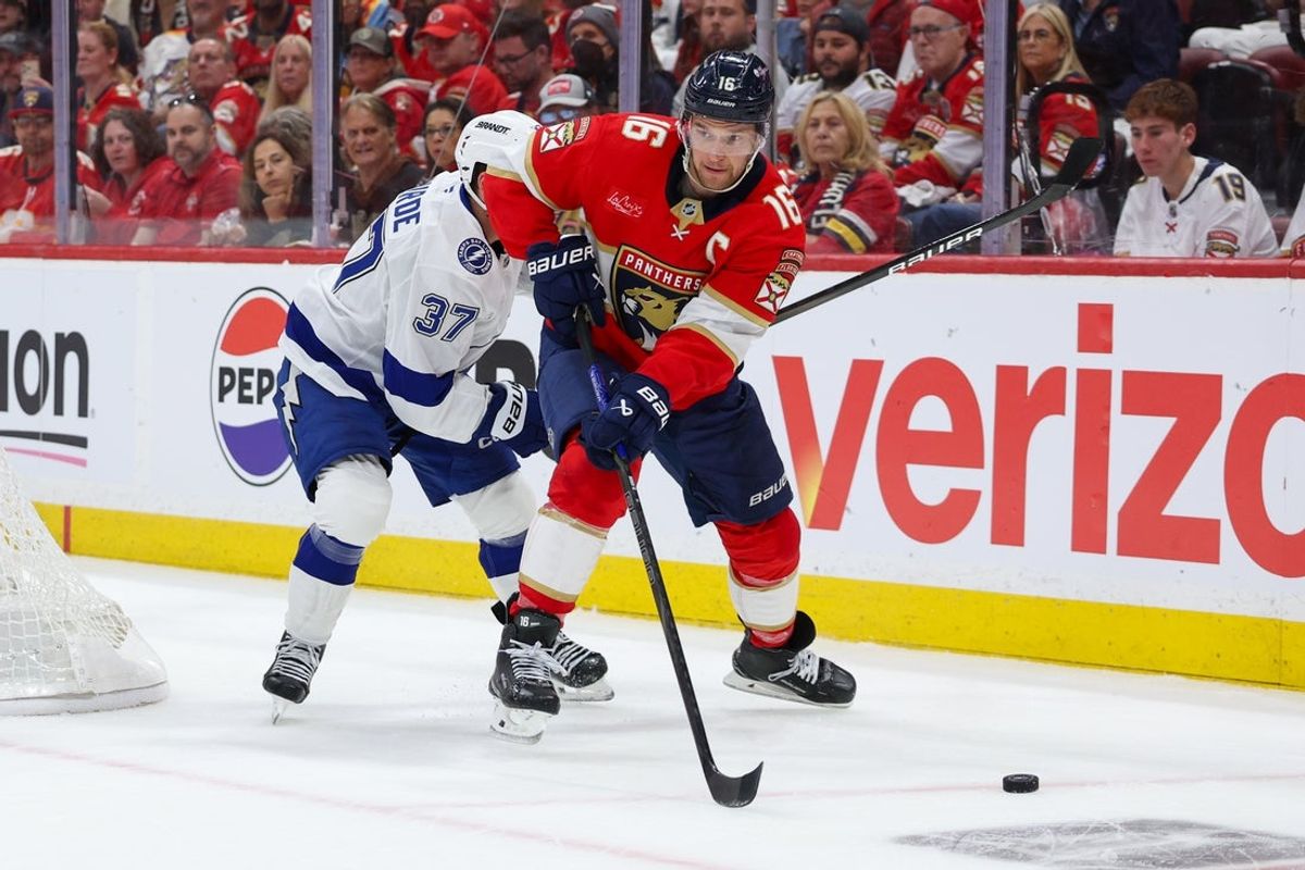 Apr 26, 2025; Sunrise, Florida, USA; Florida Panthers center Aleksander Barkov (16) controls the puck against the Tampa Bay Lightning in the first period during game three of the first round of the 2025 Stanley Cup Playoffs at Amerant Bank Arena. Mandatory Credit: Nathan Ray Seebeck-Imagn Images