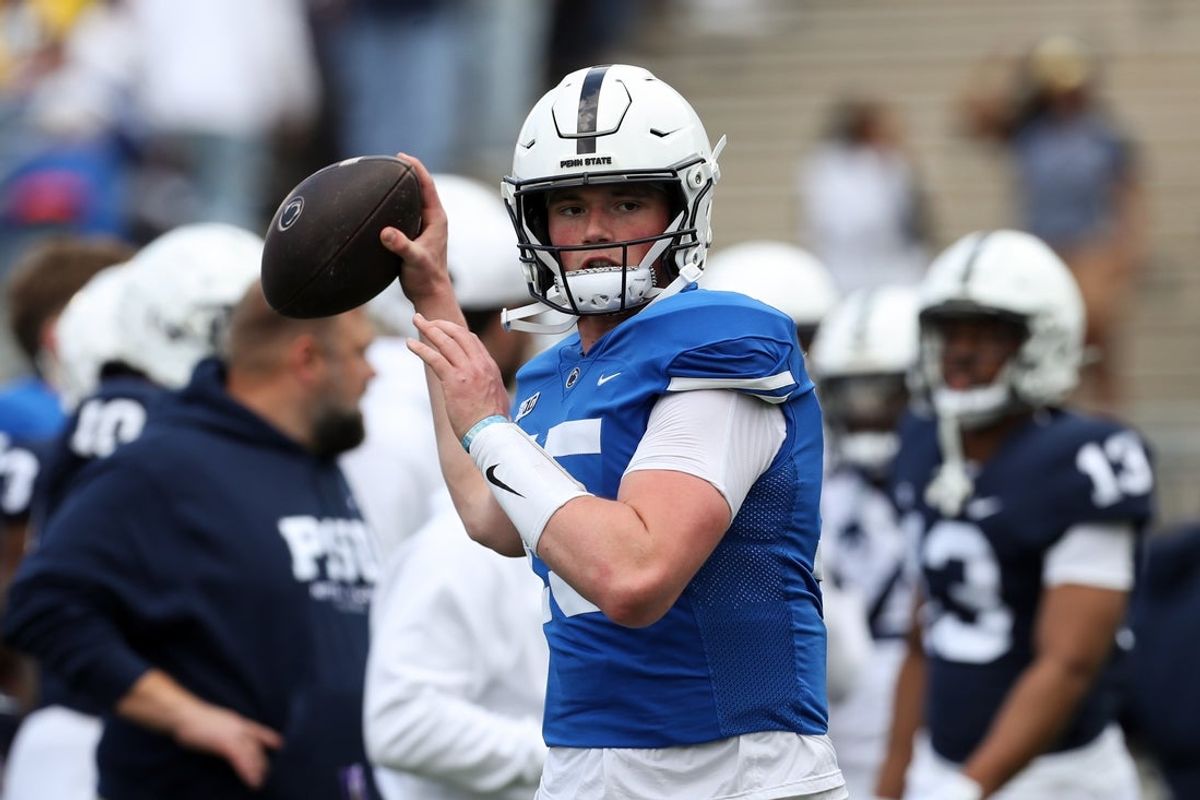Apr 26, 2025; University Park, PA, USA; Penn State Nittany Lions quarterback Drew Allar (15) throws a pass during a warm up prior to the Blue White spring game at Beaver Stadium. Mandatory Credit: Matthew O'Haren-Imagn Images