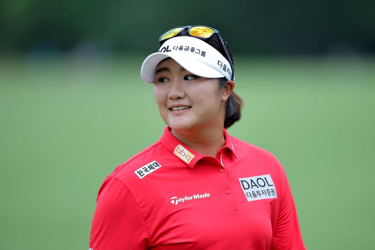 Apr 26, 2025; The Woodlands, Texas, USA; Haeran Ryu of Korea reacts after holing out on the ninth hole during the third round of The Chevron Championship golf tournament. Mandatory Credit: Erik Williams-Imagn Images