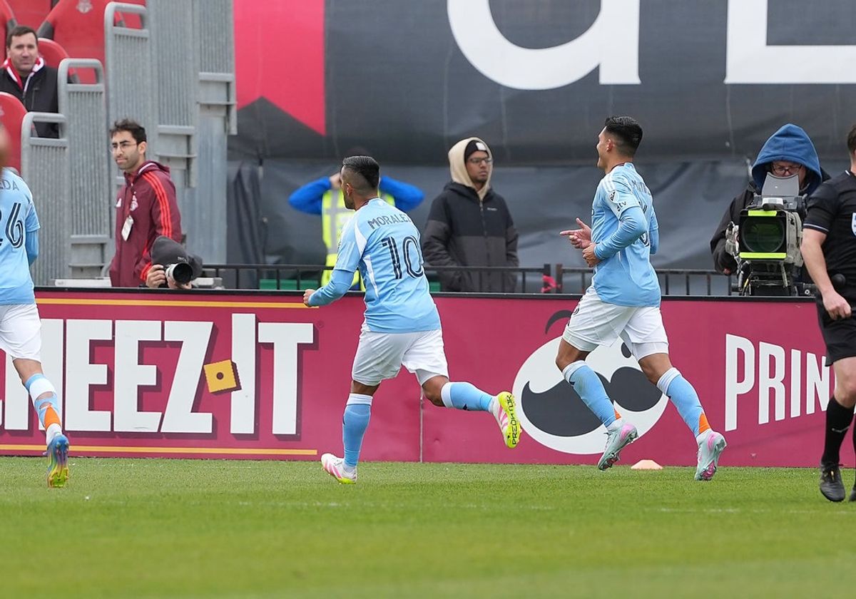 Apr 26, 2025; Toronto, Ontario, CAN; New York City FC forward Alonso Martínez (16) celebrates scoring a goal on a penalty kick against Toronto FC during the second half at BMO Field. Mandatory Credit: Nick Turchiaro-Imagn Images