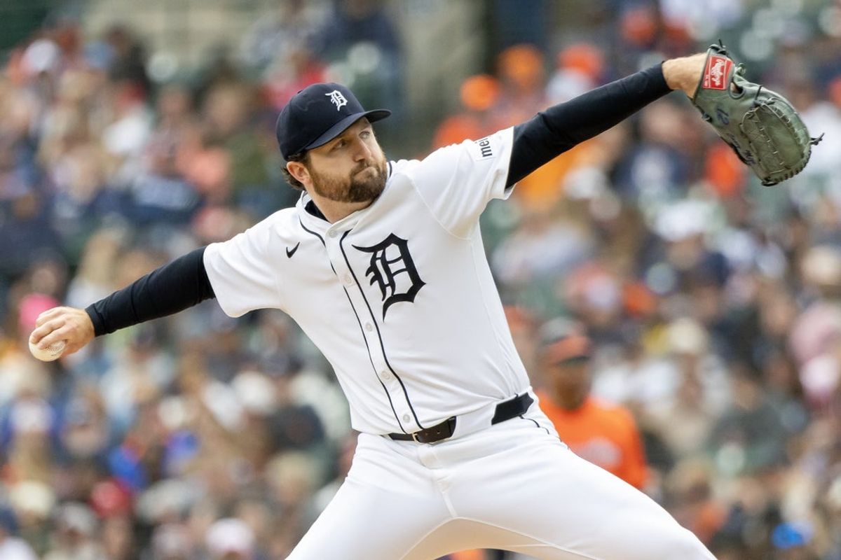 Apr 26, 2025; Detroit, Michigan, USA; Detroit Tigers pitcher Casey Mize (12) delivers in the fourth inning against the Baltimore Orioles during game one of a double header at Comerica Park. Mandatory Credit: David Reginek-Imagn Images