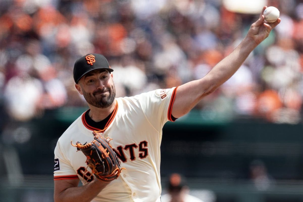 Apr 26, 2025; San Francisco, California, USA; San Francisco Giants starting pitcher Robbie Ray (38) delivers a pitch against the Texas Rangers during the first inning at Oracle Park. Mandatory Credit: D. Ross Cameron-Imagn Images