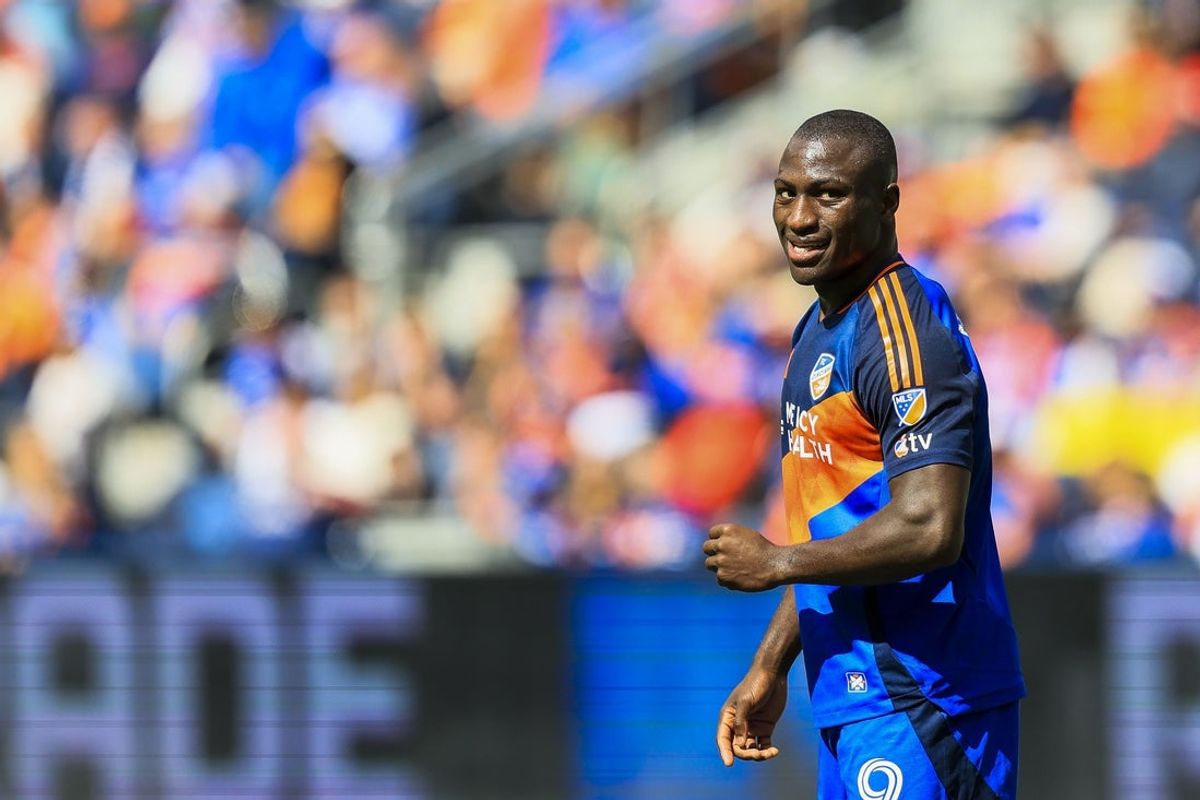 Apr 26, 2025; Cincinnati, Ohio, USA; FC Cincinnati forward Kevin Denkey (9) reacts after a play against Sporting Kansas City in the second half at TQL Stadium. Mandatory Credit: Katie Stratman-Imagn Images